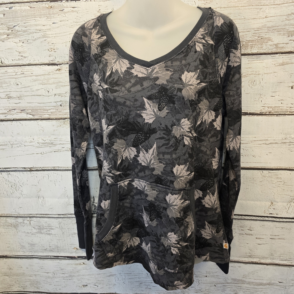 Carhartt Black & Gray Floral Leaf V-Neck Thermal Pullover Size Medium